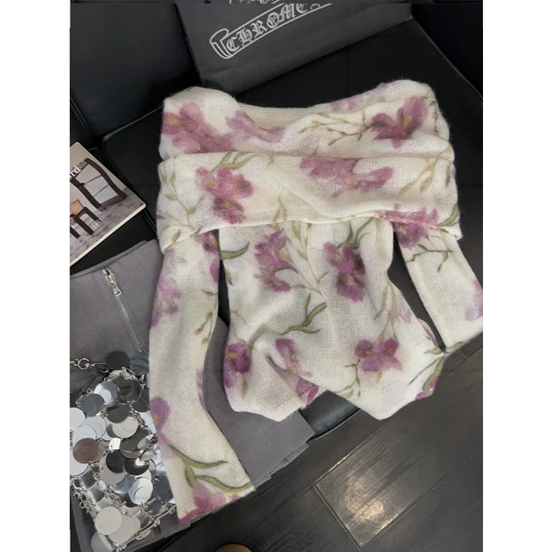 美貌色系！一字肩针织衫女装法式气质甜辣风秋季软糯露肩百搭上衣