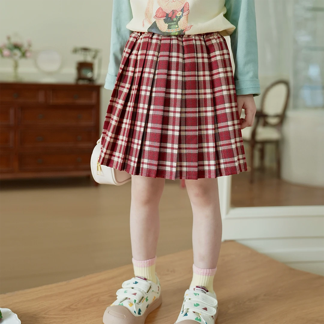 现货【格秋】7673女童半身裙秋款2025时尚百搭格子裙女宝高腰百褶裙