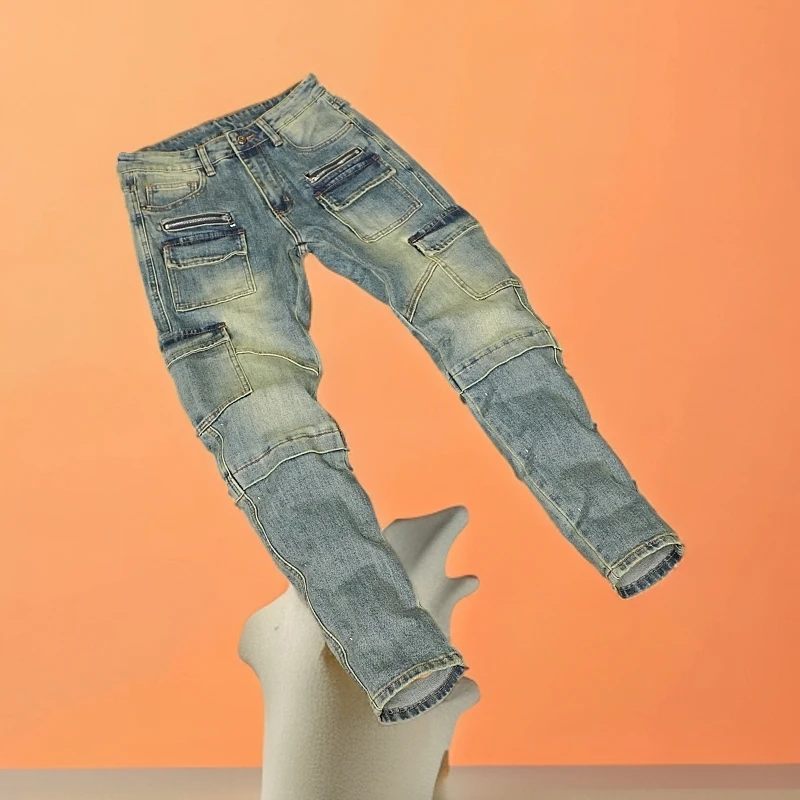 欧美复古潮牌机车多口袋牛仔裤男士春秋款潮流拼接高端小脚长裤