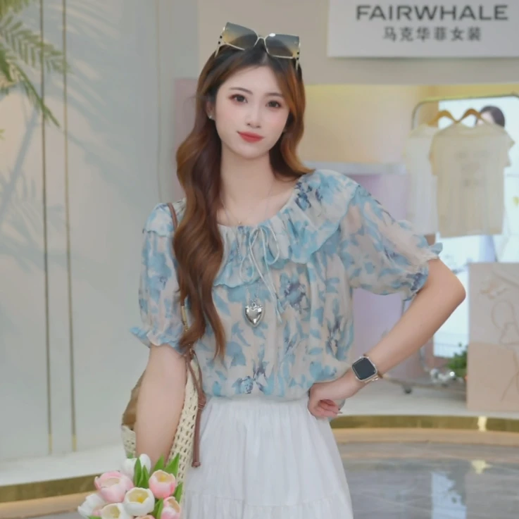 马克华菲衬衫女短袖2025夏季新款韩版时尚圆领印花百搭显瘦上衣