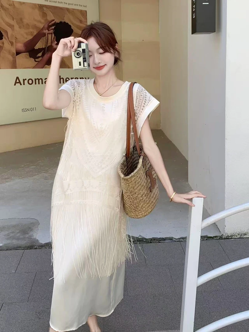 孕妇装夏季新款连衣裙时尚洋气假两件宽松显瘦蕾丝镂空流苏孕妇裙