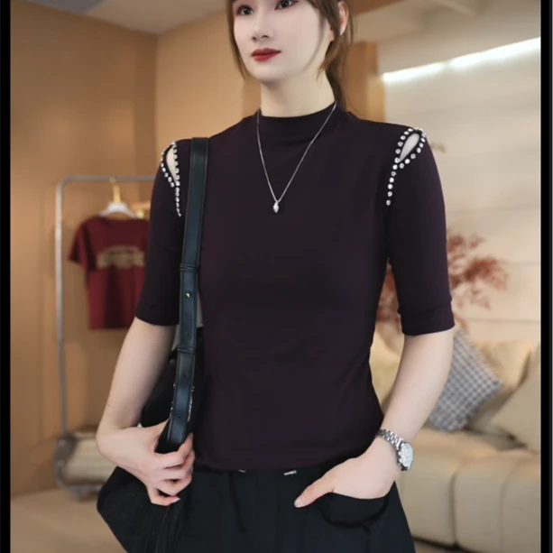 SHUOBAI/说白【露肩-中袖】2091# 立领-中袖 遮肉修身显瘦时尚领T恤