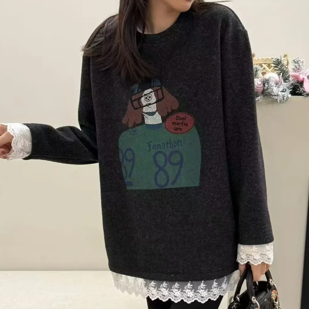 蕾丝上衣女设计感拼接下摆2024新款冬季新款休闲慵懒风打底衫T恤