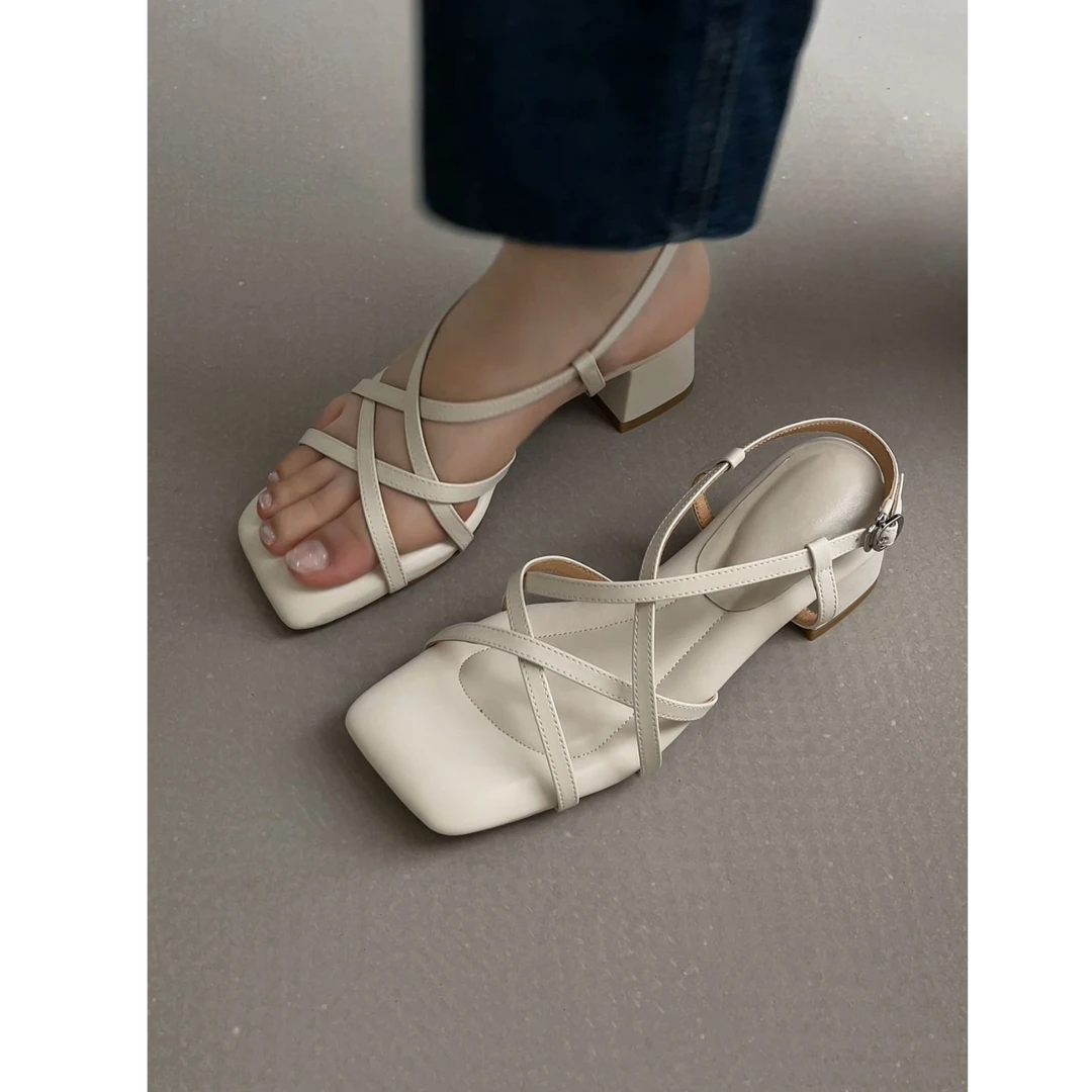 5CM羊皮平底粗跟交叉时装凉鞋高跟女小众夏季凉鞋带跟粗跟