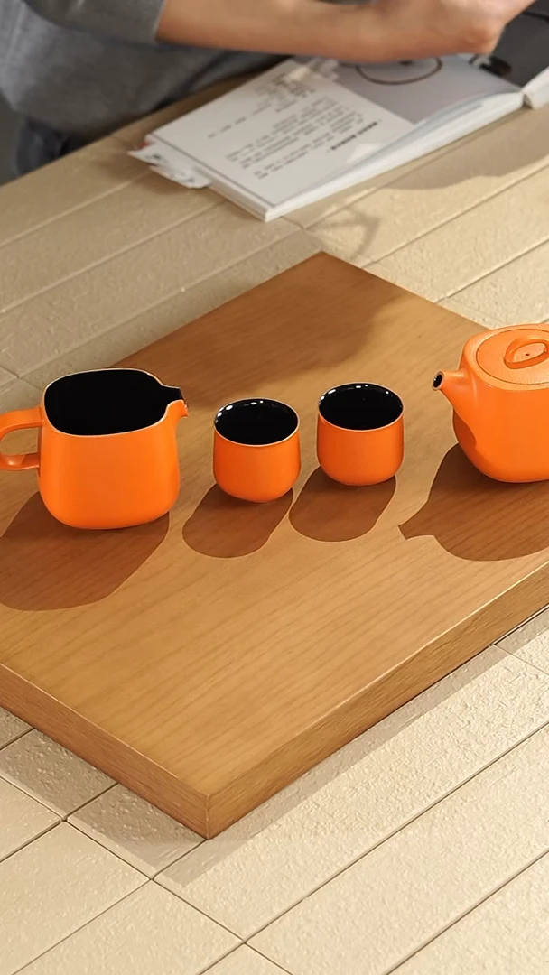 橙色哑光陶公道杯+茶壶+2茶杯