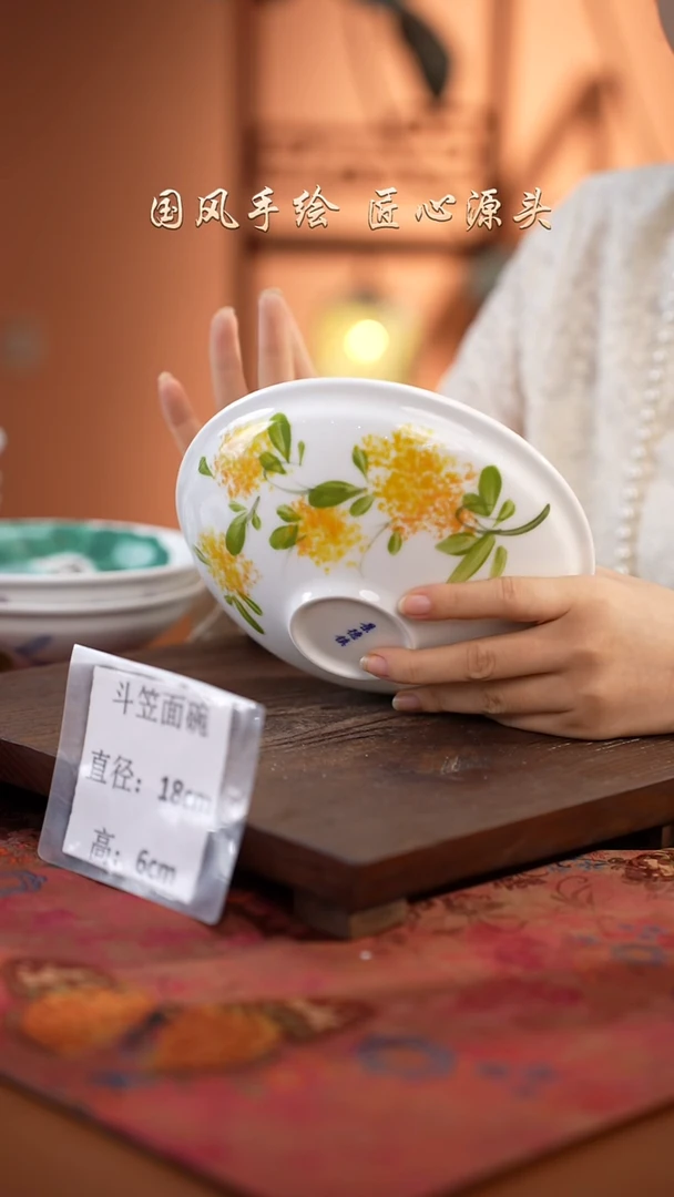 陶瓷景德镇高温釉中彩斗笠面碗直径18高6