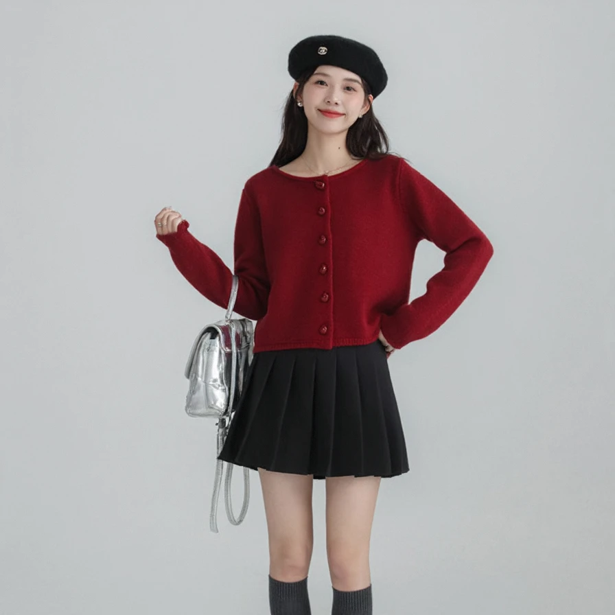 奢姿2025冬季新款大码女装圆领单排扣针织开衫胖妹妹简约显瘦上衣