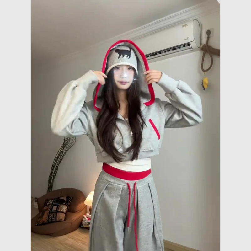 早秋新款韩式辣妹松弛大兜帽短款卫衣打褶直筒宽松抽绳卫裤套装