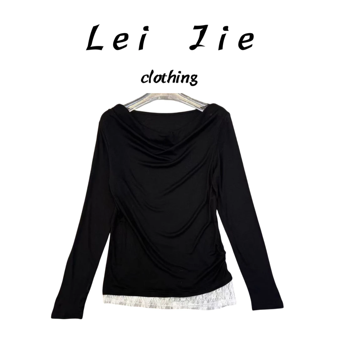 【Lei Jie】气质荡领蕾丝边天丝羊毛上衣153