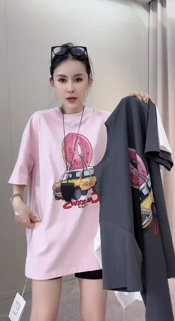 欧货2025夏季新款时髦休闲减龄撞色卡通印花圆领宽松短袖T恤上衣