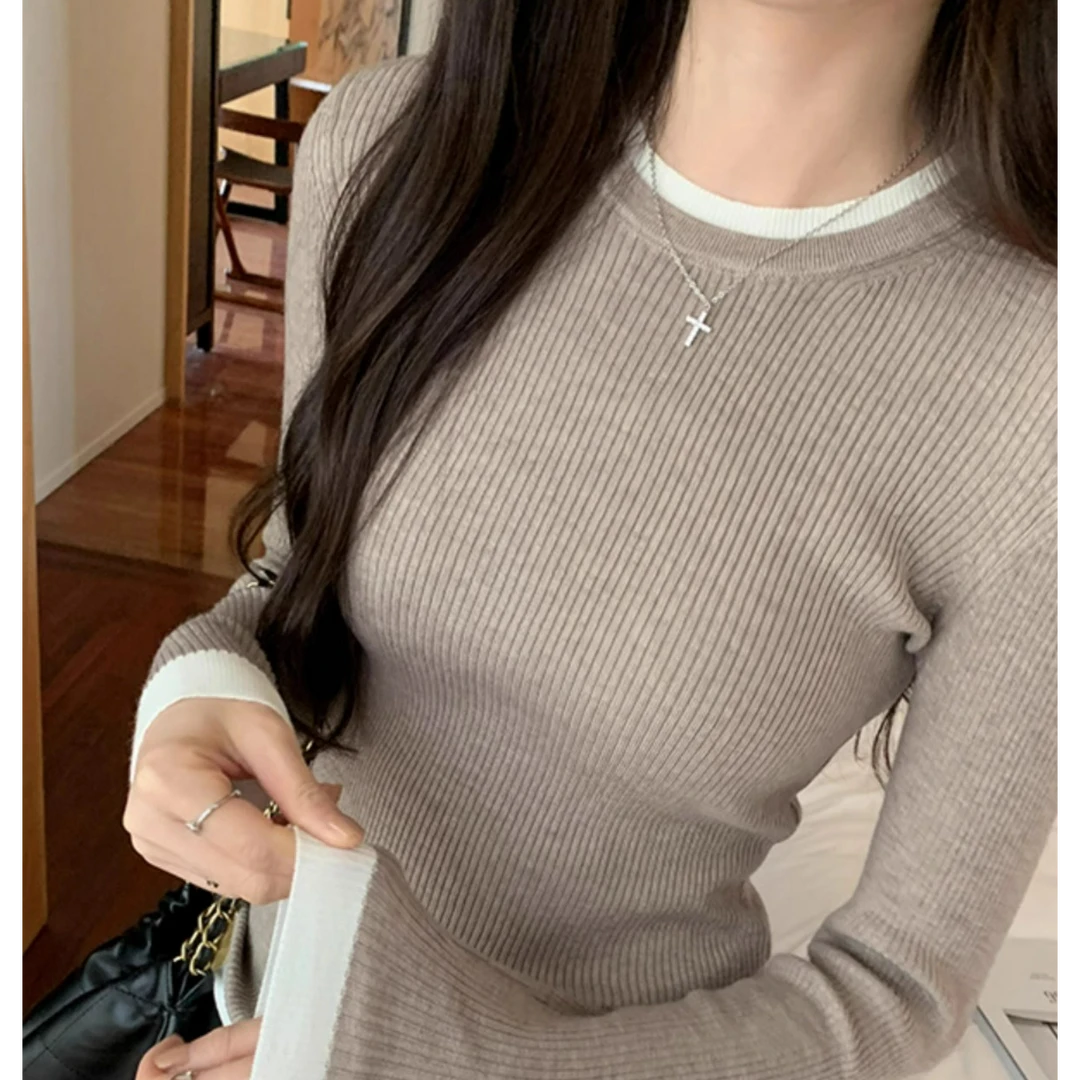 复古修身撞色假两件设计感长袖T恤女秋冬新款内搭保暖羊毛打底衫