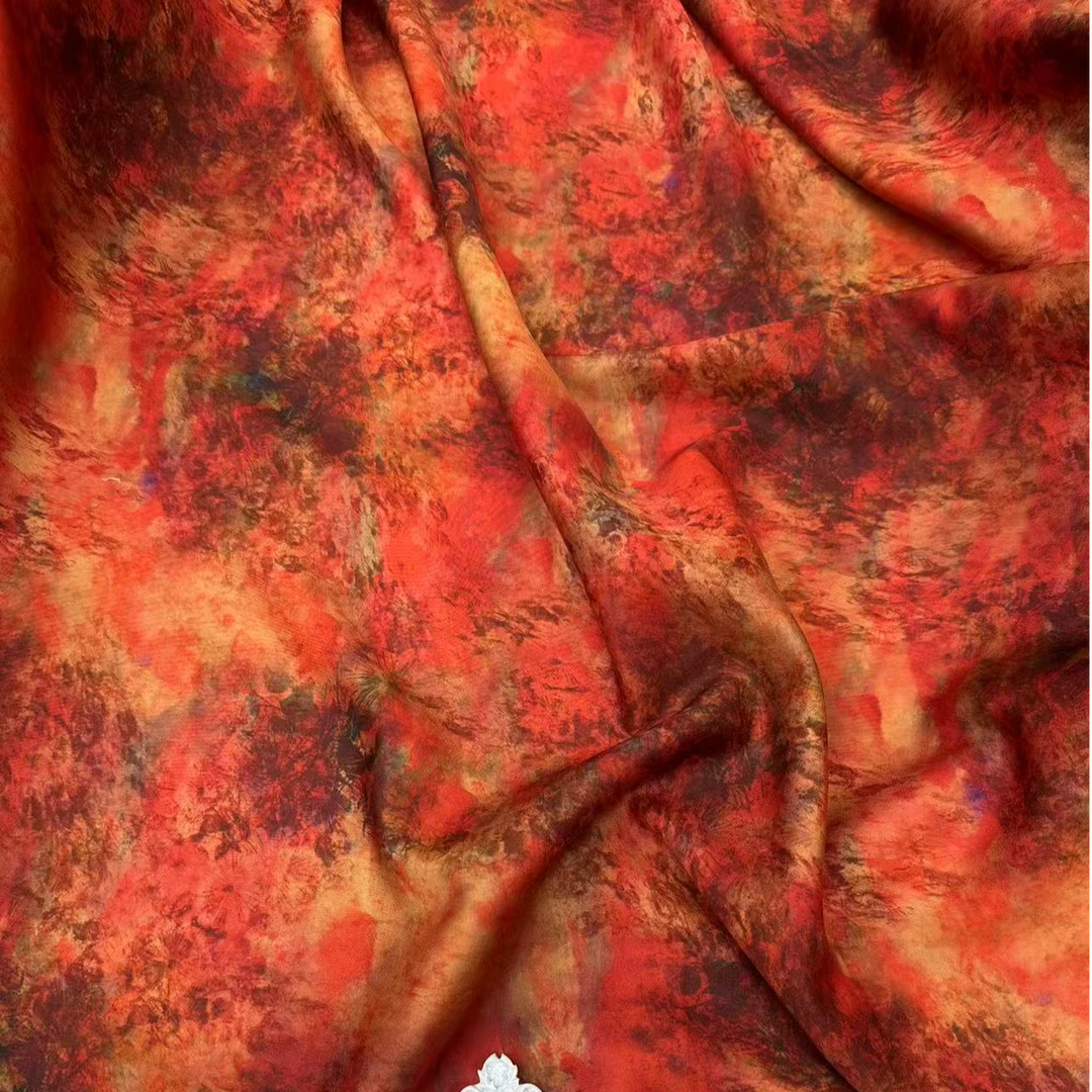 〔香云纱棉缎〕染底贡缎数码印花布料 小红霞