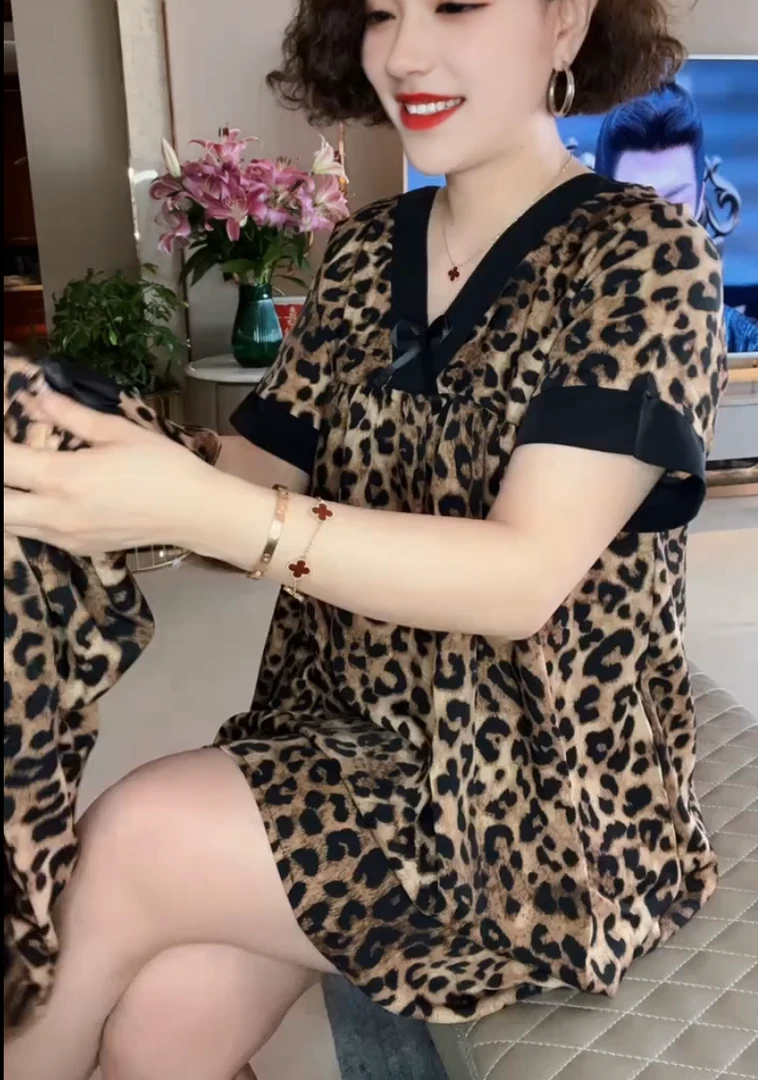 夏季简约印花耐磨豹纹中长裙睡裙裙子女装时尚千金风
