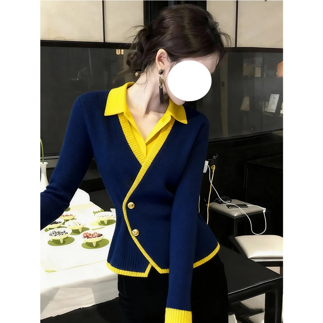 藏蓝色撞色假两件针织衫2025秋季小众不撞款时尚洋气修身打底上衣