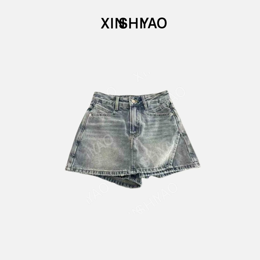 【XSY】夏季斜搭片遮小肚子弹力牛仔短裤