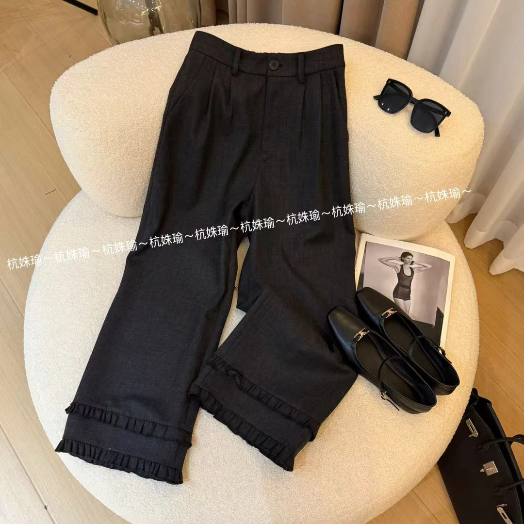 【落月花神】春季新款双层木耳边设计感直筒休闲裤8807