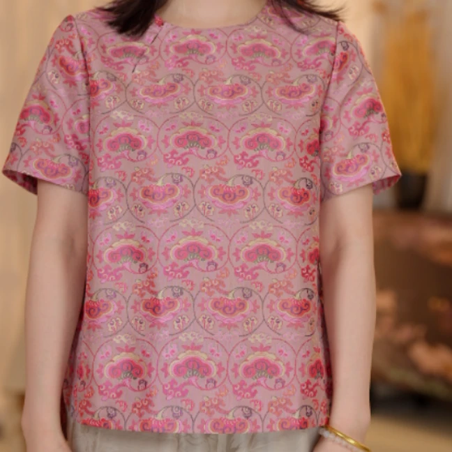 娟  新中式 风桑蚕丝   623256  灵芝花红色【蜀锦】上衣