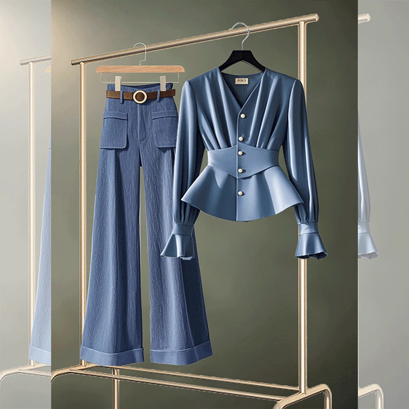 2025春时尚百搭收腰衬衫高腰休闲百搭直筒阔腿裤轻熟风穿搭两件套