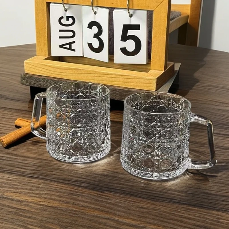 刻花带把玻璃杯家用创意高颜值女生透明喝水饮料冰咖啡杯马克杯子