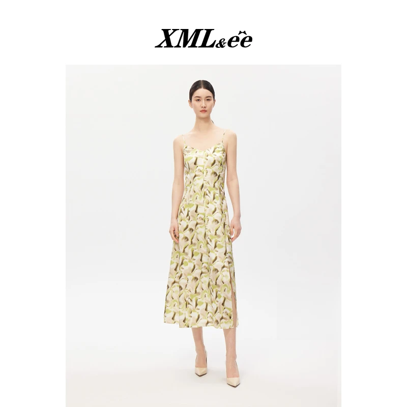 XMLee艾米尔 黄底印花桑蚕丝优雅吊带连衣裙 X425L4126