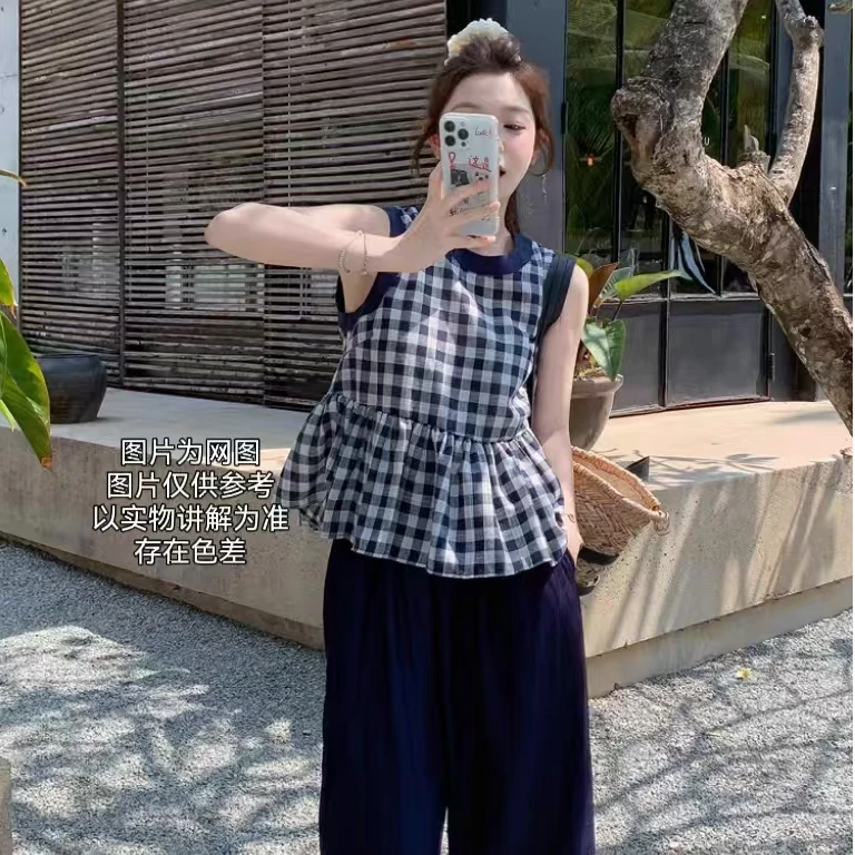 2025夏季新款大码女装韩系慵懒风无袖格子上衣+阔腿裤