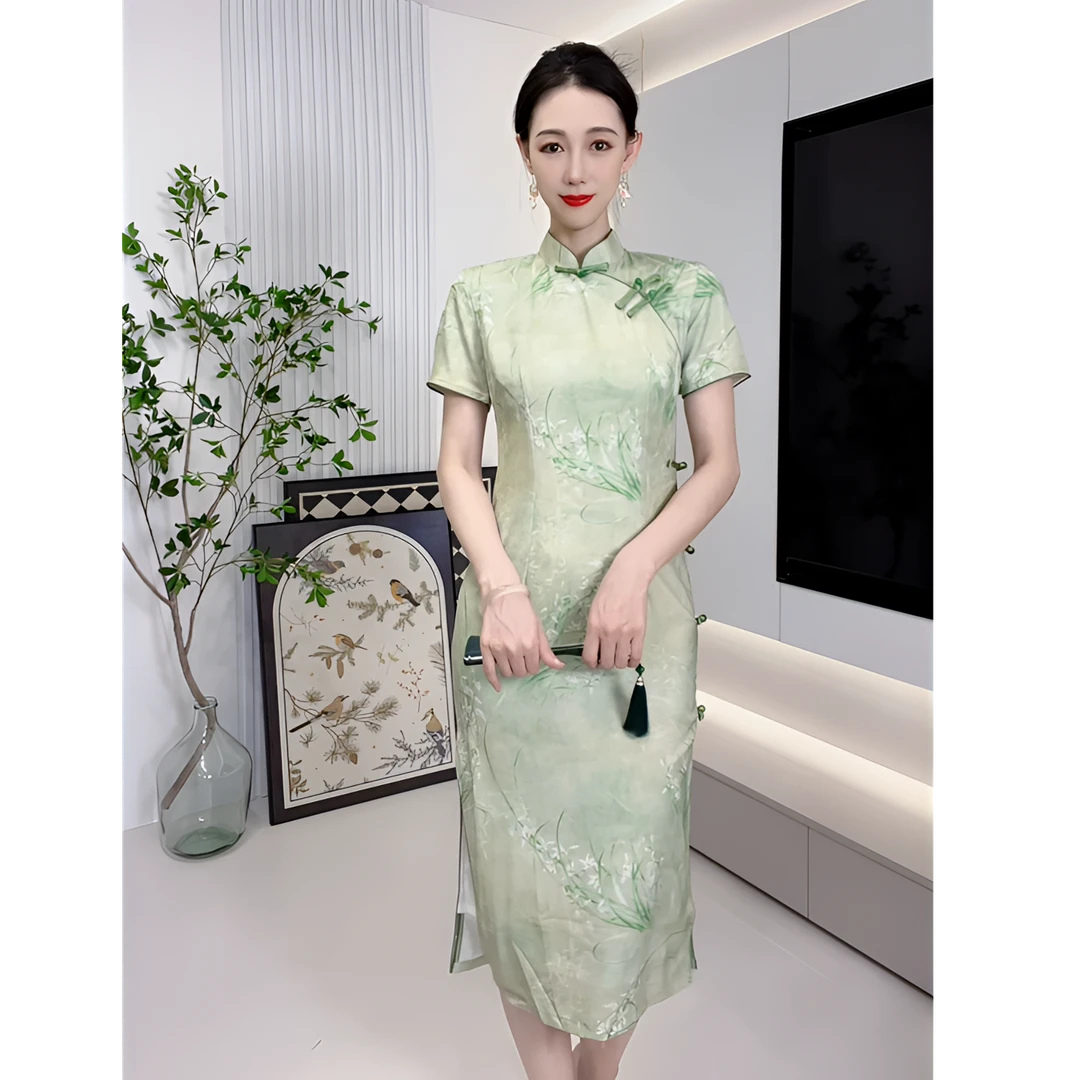 绿色旗袍女2025夏季高考中考送考年轻款长款日常国风一路绿灯