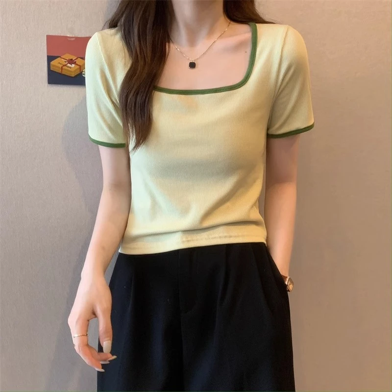 方领3D短款T恤修身露肩短款上衣设计感小众针织显瘦洋气法式MM