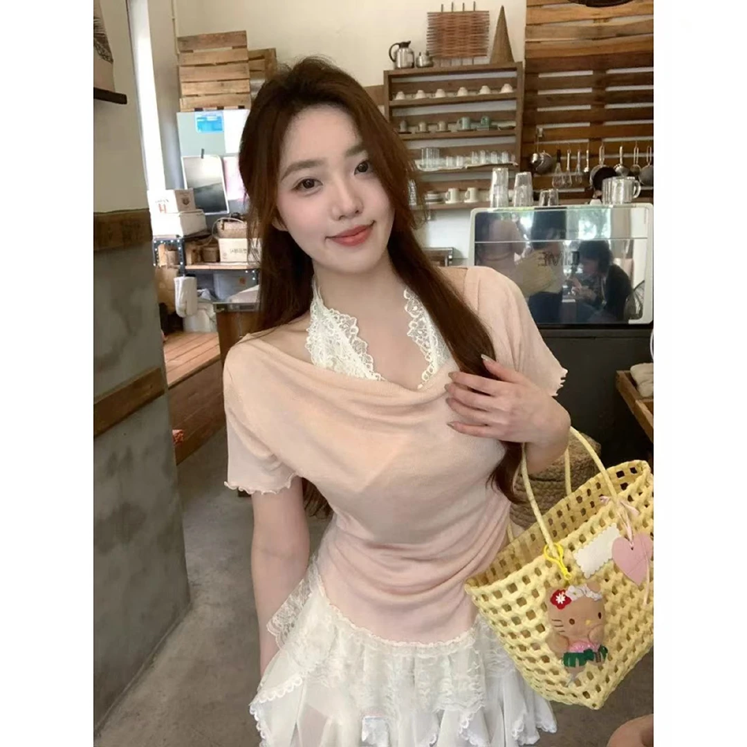 【晨浠定制】新款时尚百搭蕾丝挂脖针织T恤820