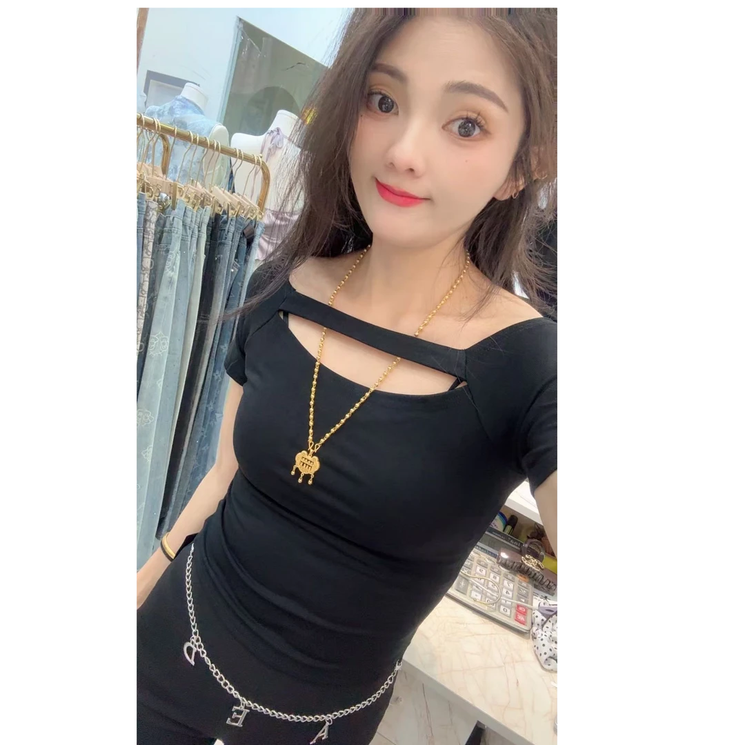 设计感镂空上衣女2025新款爆款夏季修身斜领短袖收腰显瘦内搭T恤