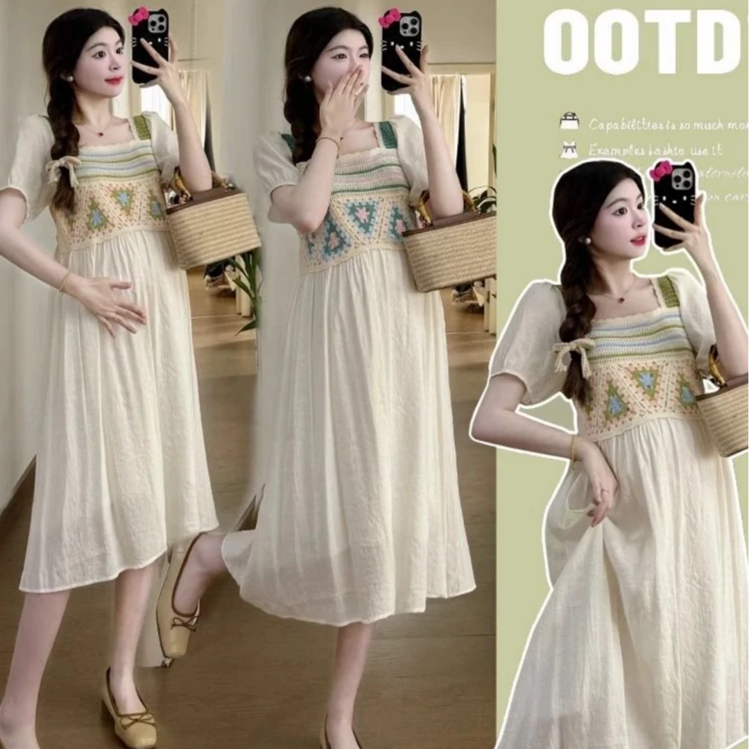 孕妇装2024针织钩花拼接连衣裙民族风方领小清新长裙孕妇连衣裙潮