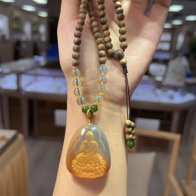 【壹芳珠宝】天然原矿蓝珀阴雕沉香项链