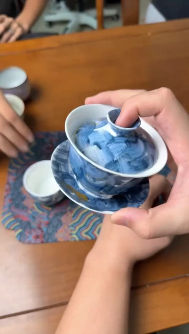 手绘白瓷 三才盖碗 梵高盖碗
