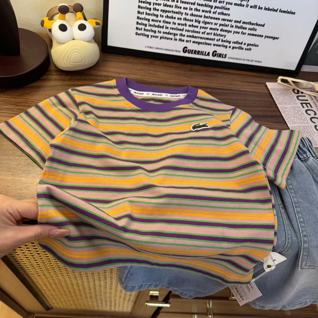 【JMJQ  25722 】夏季中小童韩版亲肤色织条纹立体鳄鱼标短袖体恤