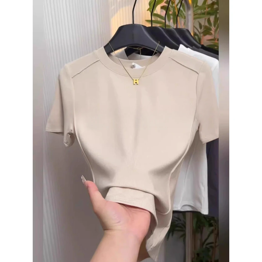 正肩短袖T恤女2025夏季新款欧洲站修身鱼骨体恤大码显瘦圆领上衣