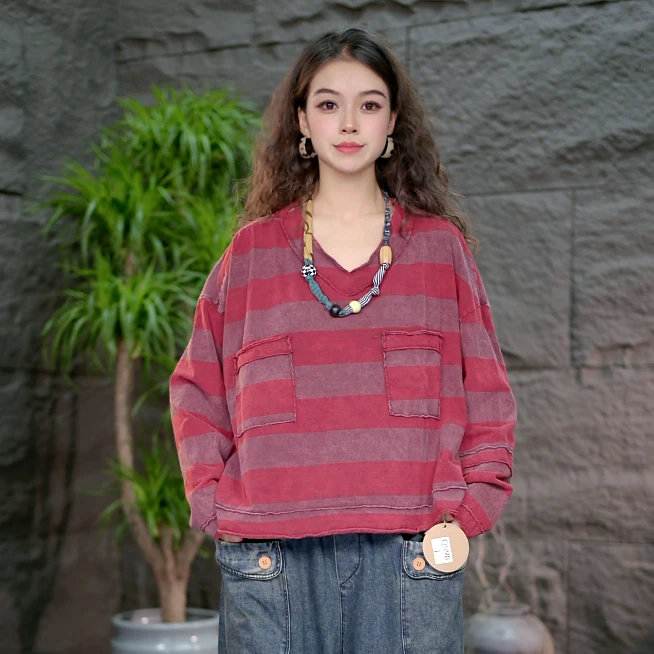 【女装纯棉T恤】秋装新款显瘦宽松打底衫做旧炒色条纹大码上衣