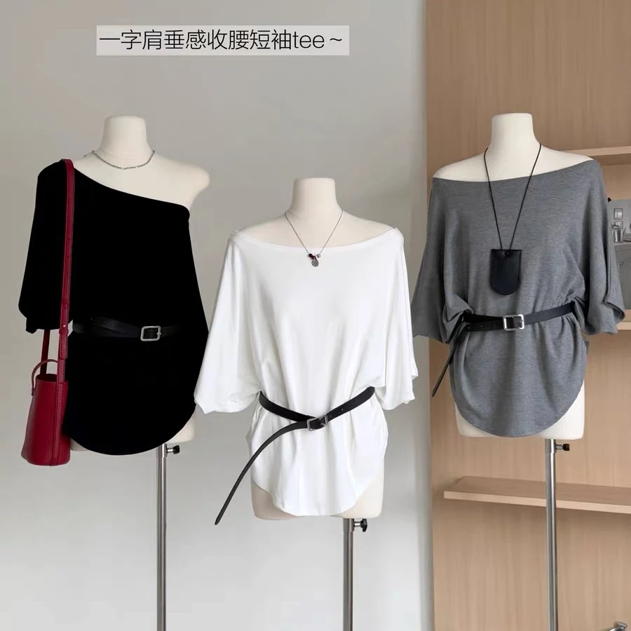 松弛感慵懒风蝙蝠袖短袖T恤女夏季2025新款休闲显瘦一字肩上衣潮