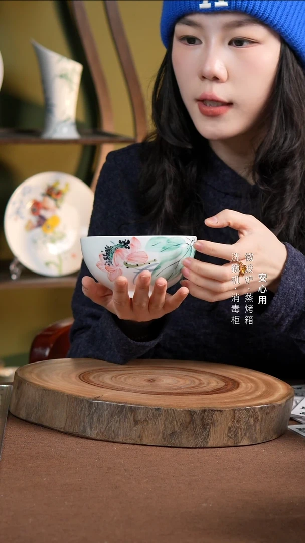 瓷景德镇高温手绘釉下彩5英寸奥碗粉荷