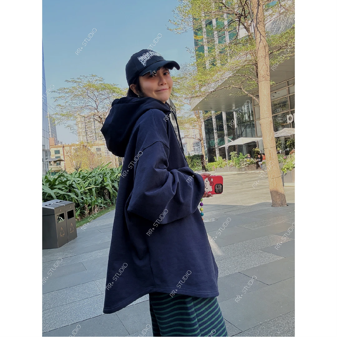 22112高级质感拼色设计半开扣连帽卫衣女秋冬宽松休闲保暖上衣