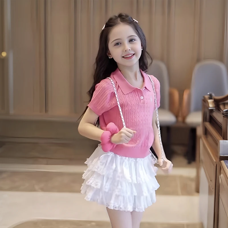 女童POLO领套装夏季2025新款韩系中大童针织短袖百搭蛋糕裙两件套