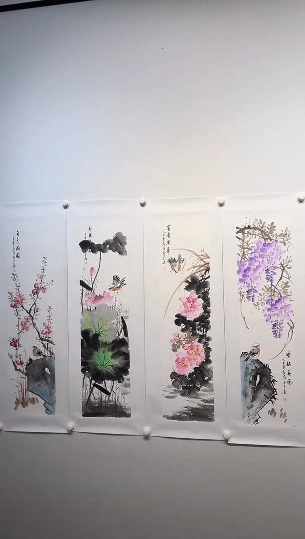 书法y李玉夕四条屏花鸟作品  画面多样性发货