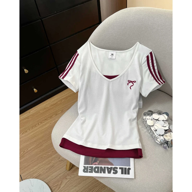 白色正肩假两件V领短袖T恤女2025夏季新甜辣风蝴蝶结修身撞色上衣