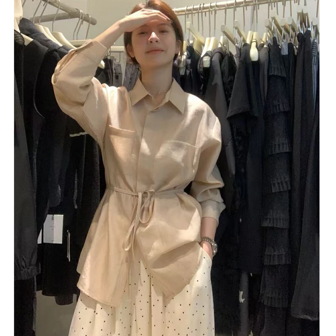 简约气质小女人慵懒调性防晒绑带衬衫慵懒随性波点阔腿休闲裤