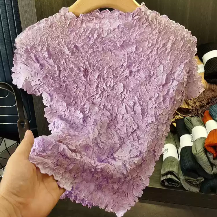 三宅简约日系乱褶立领短袖T恤纯色褶皱上衣