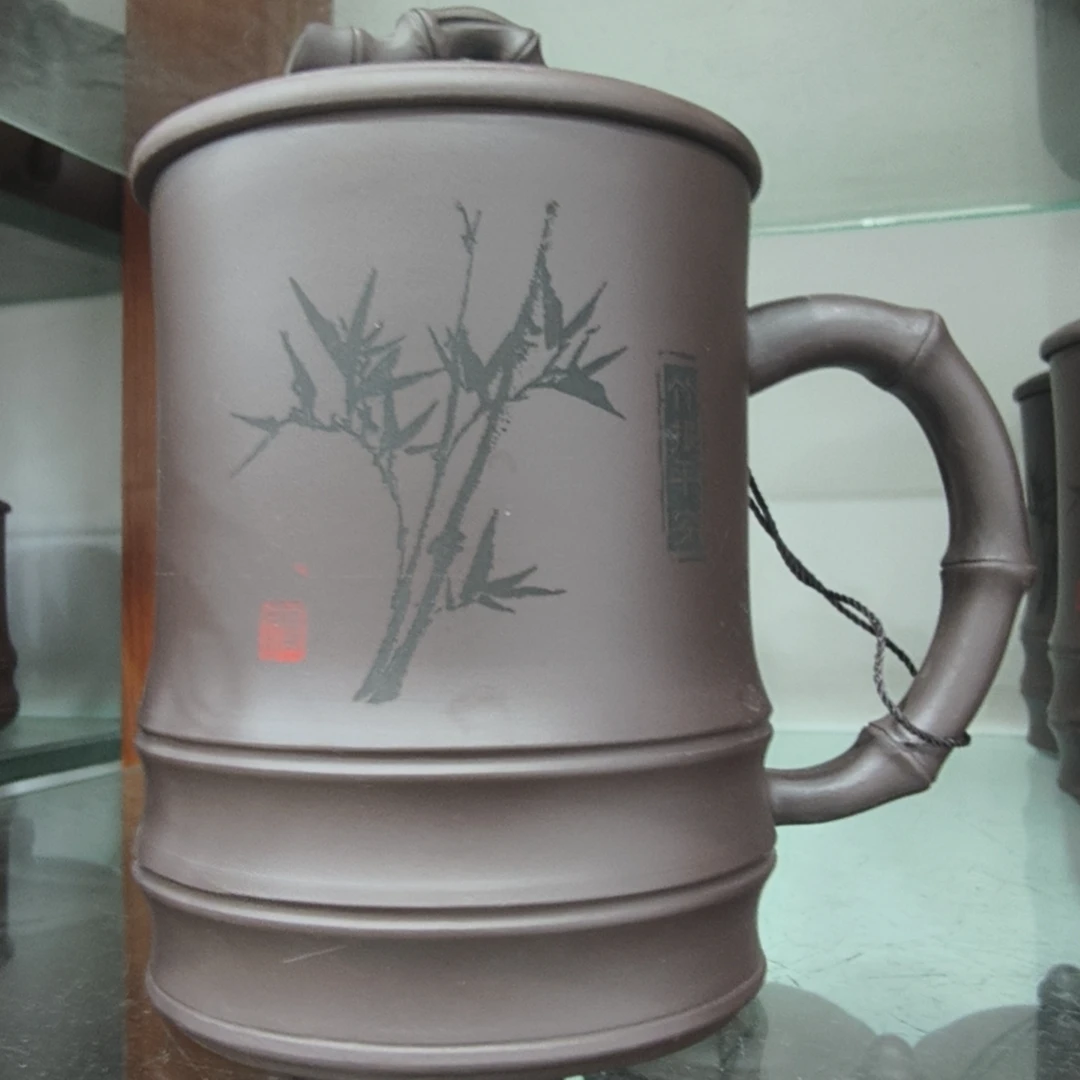 紫朱泥竹报平安紫砂盖杯