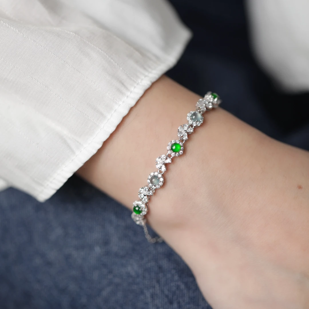 天然A货翡翠高冰种阳绿蓝水S925银镶嵌多蛋面手链