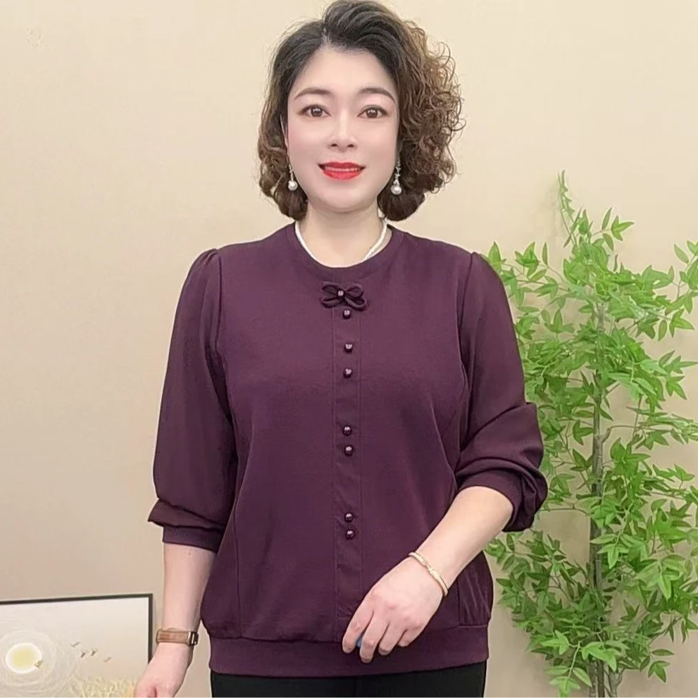 长袖妈妈装秋装秋季时尚中老年女装气质圆领拼接显瘦洋气百搭宽松