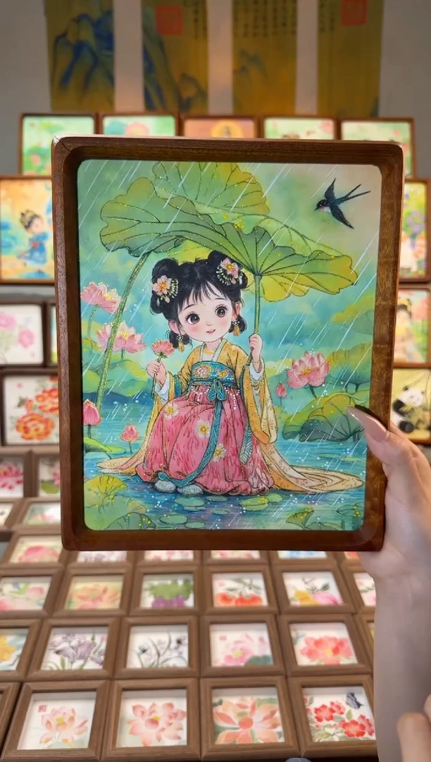 国画夏雨荷小燕子 手绘国画10寸