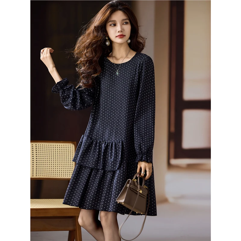 DUCURNO时尚波点长袖连衣裙女秋季新款法式气质宽松显瘦荷叶边裙