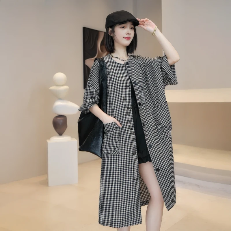 黑白格子宽松衬衫女2025夏季大码胖MM宽松显瘦中长款女士洋气外套
