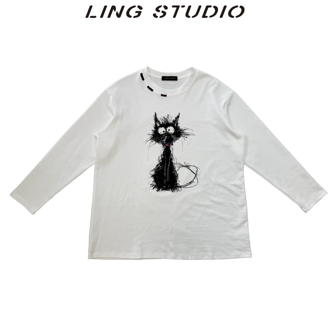 早春新品-零零『喵不可言』2025慵懒风简约中长款打底T恤4100450